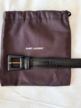 Saint Laurent Black Croc-Embossed Leather Belt with Gold Buckle